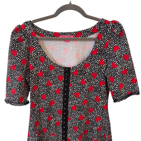Betsey Johnson Heart Leopard Print Babydoll Black Lace Trim 90s y2k Grunge Sz L - Picture 2 of 9